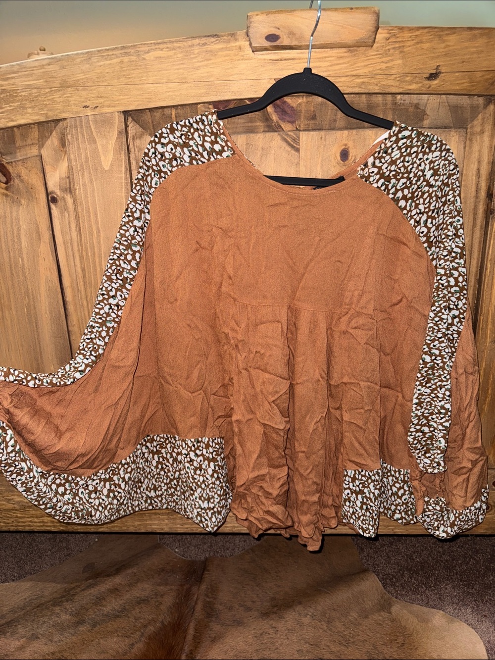 Three Bird Nest Rust Brown Boho Blouse with Cream Printed Trim